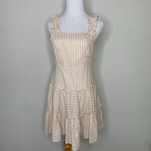 Tan Cream Stripe Sun Dress Cotton Linen Sz Small